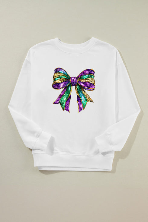 Festive Shimmering Bow Graphic Crew Neck Pullover Sweatshirt