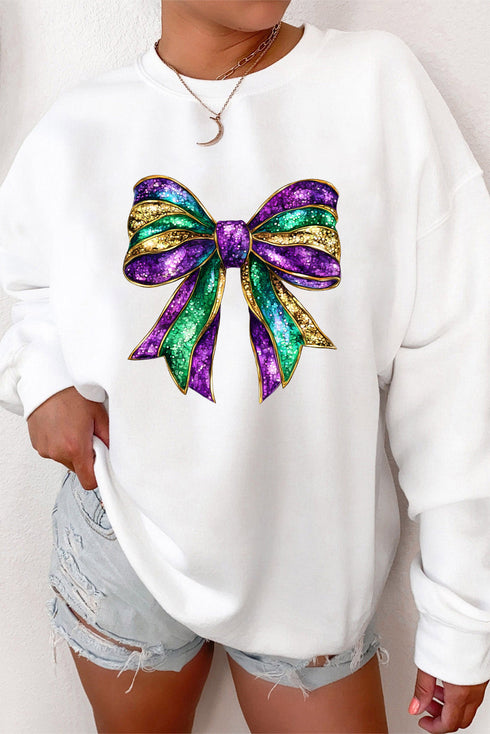 Festive Shimmering Bow Graphic Crew Neck Pullover Sweatshirt