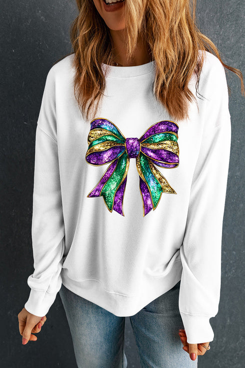 Festive Shimmering Bow Graphic Crew Neck Pullover Sweatshirt