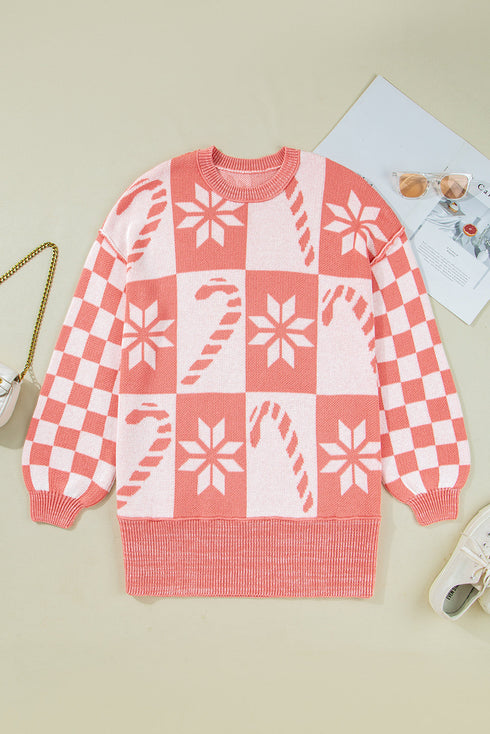 Festive Snowflake And Candy Cane Checkerboard Sweater Dress