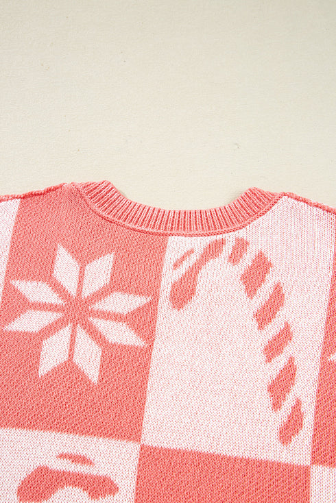 Festive Snowflake And Candy Cane Checkerboard Sweater Dress