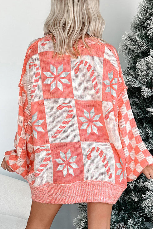 Festive Snowflake And Candy Cane Checkerboard Sweater Dress