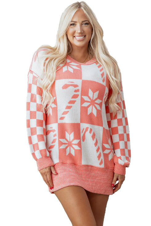 Festive Snowflake And Candy Cane Checkerboard Sweater Dress