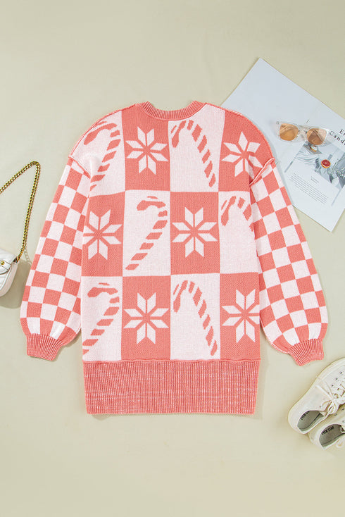 Festive Snowflake And Candy Cane Checkerboard Sweater Dress