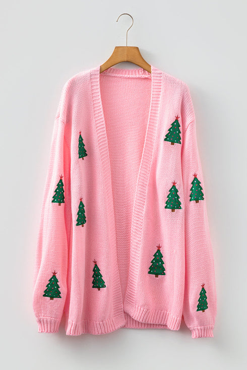 Festive Tree Motif Open Front Knit Cardigan