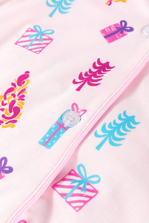 Festive Tree Print Long Sleeve Button Down Sleep Dress