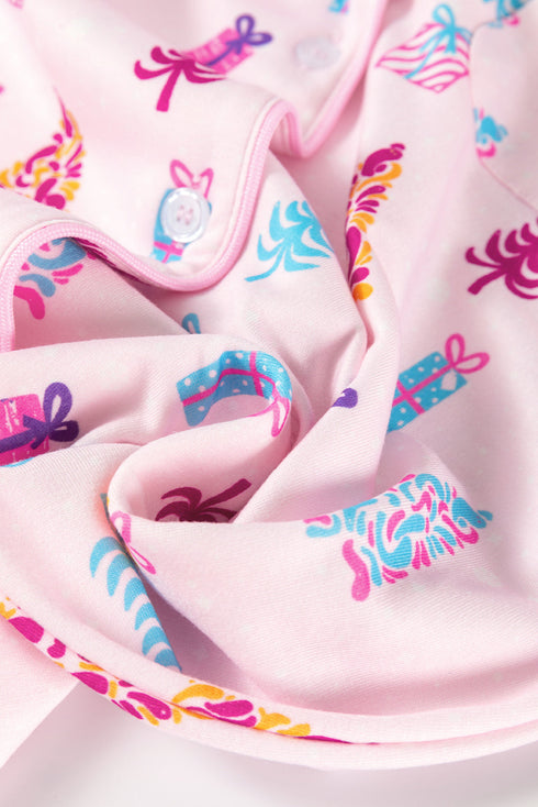 Festive Tree Print Long Sleeve Button Down Sleep Dress