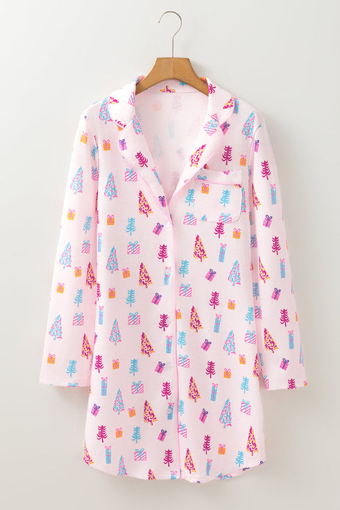 Festive Tree Print Long Sleeve Button Down Sleep Dress