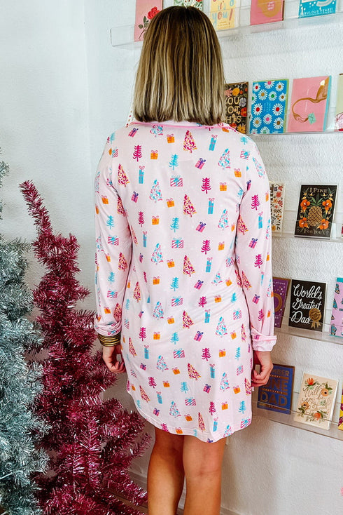 Festive Tree Print Long Sleeve Button Down Sleep Dress
