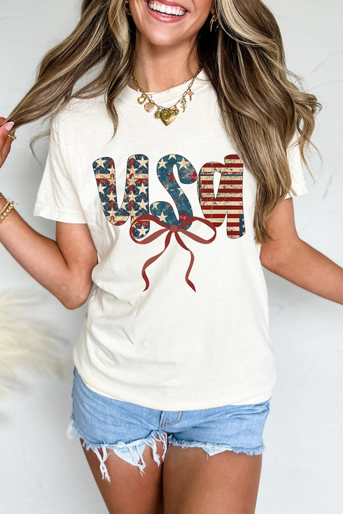 Festive USA Letter Bow Graphic Summer Tee
