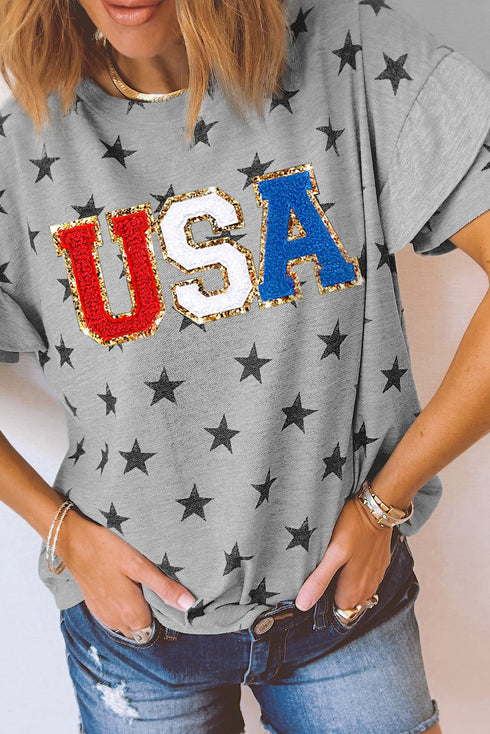 Festive USA Letter Patch Star Print Tiered Ruffle Sleeve Tee