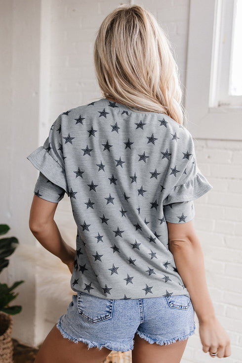 Festive USA Letter Patch Star Print Tiered Ruffle Sleeve Tee