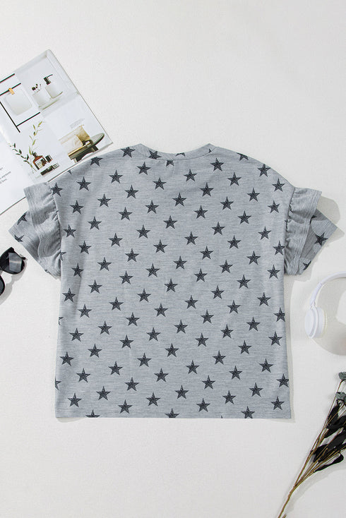 Festive USA Letter Patch Star Print Tiered Ruffle Sleeve Tee