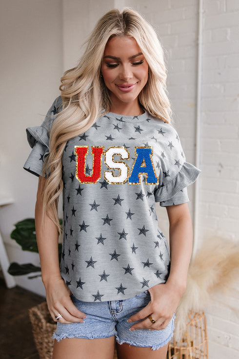 Festive USA Letter Patch Star Print Tiered Ruffle Sleeve Tee