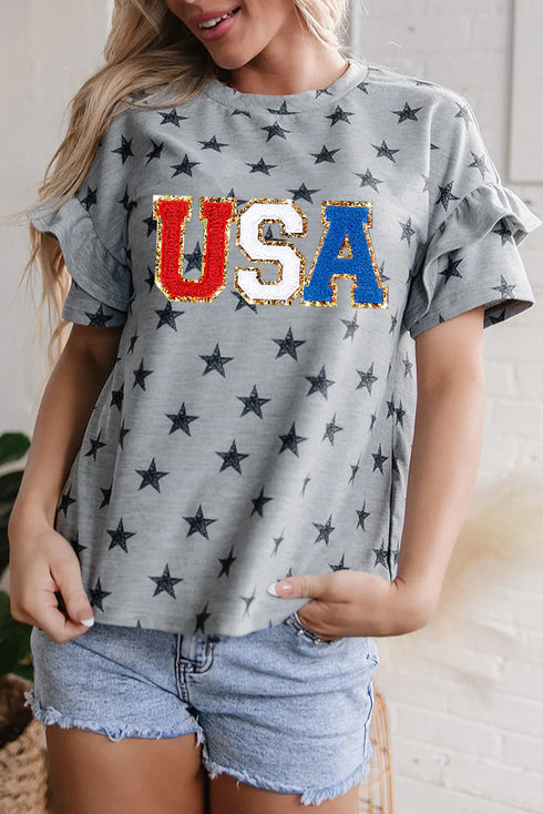 Festive USA Letter Patch Star Print Tiered Ruffle Sleeve Tee