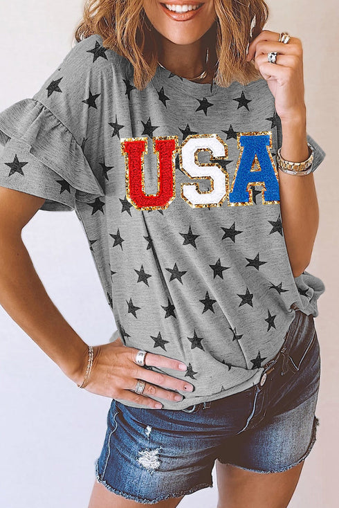 Festive USA Letter Patch Star Print Tiered Ruffle Sleeve Tee