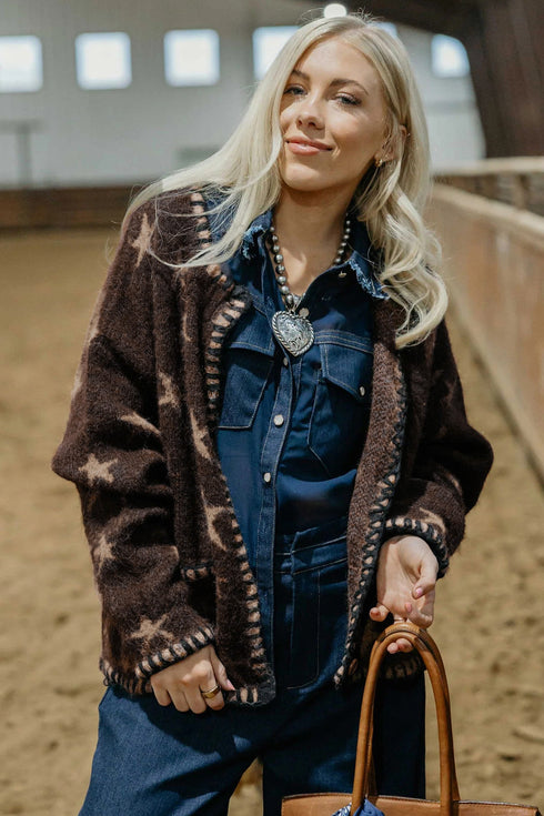 Polyester Stars Pattern Long Sleeve Shift Cardigan
