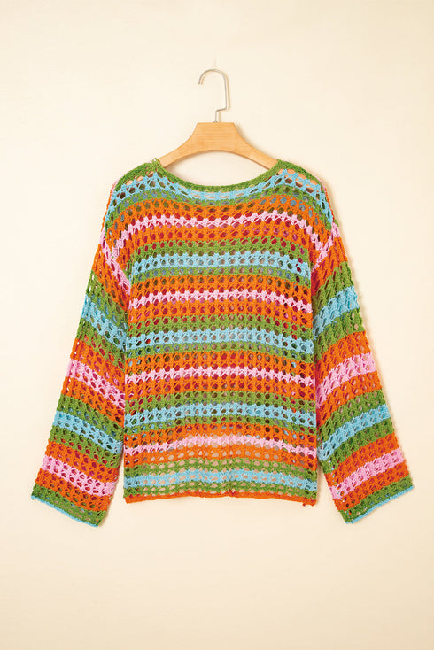 Long Sleeve Striped Open Knit Boho Crochet Top