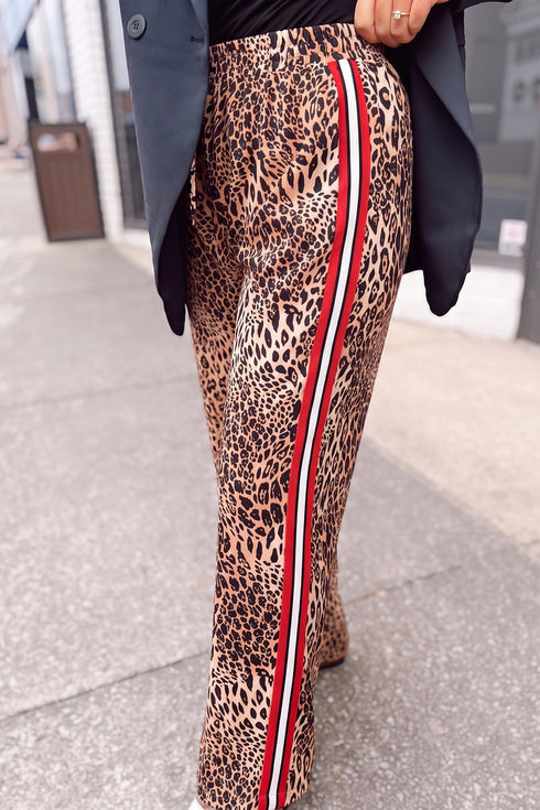 Leopard Print Side Striped Wide Leg Full Length Pants