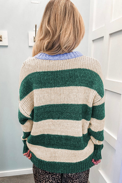 Polyester Striped Pattern Drop Shoulder Pullover Sweater