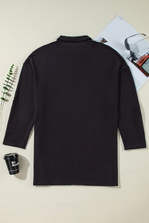 Solid Corded Knit Collared Roll Tab Sleeve Dress