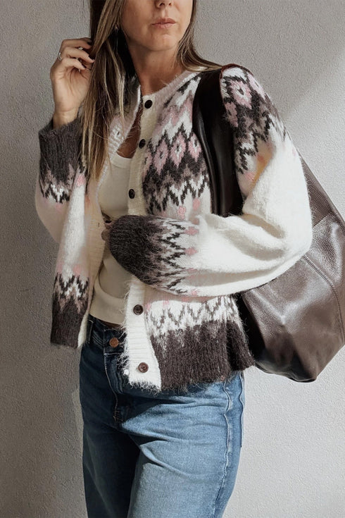 Geometric Pattern Brushed Knit Apres Ski Cardigan