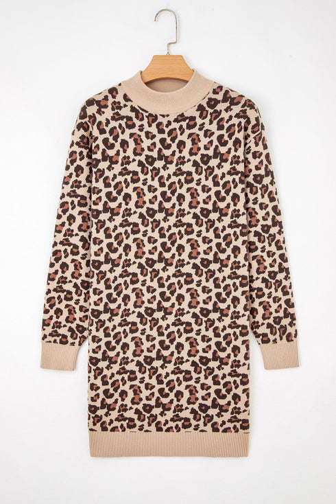 Mock Neck Animal Print Knit Sweater Dress