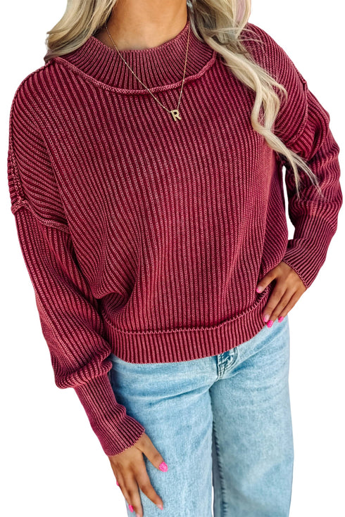 Seamed Drop Shoulder High Neck Ribbed Sweater