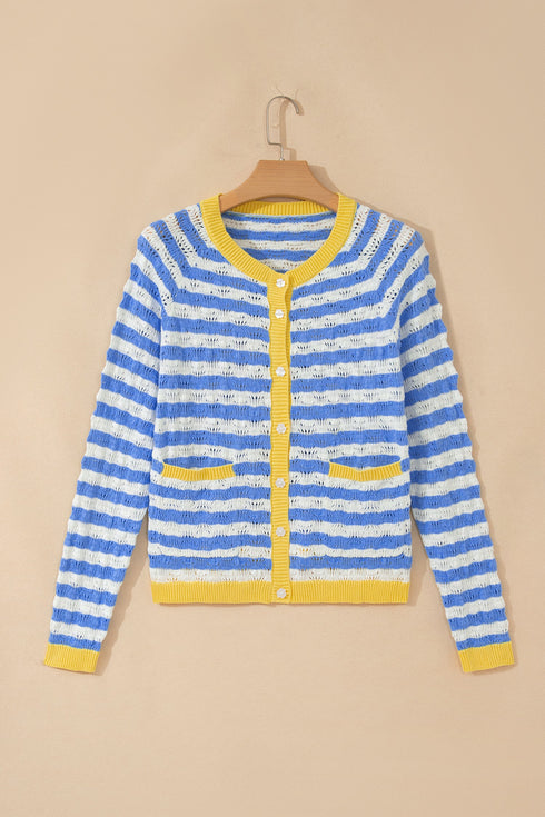 Striped Button Front Long Sleeve Loose Fit Knit Cardigan