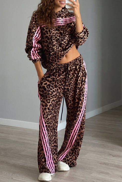 Leopard Print Striped Long Sleeve Top Pant Set