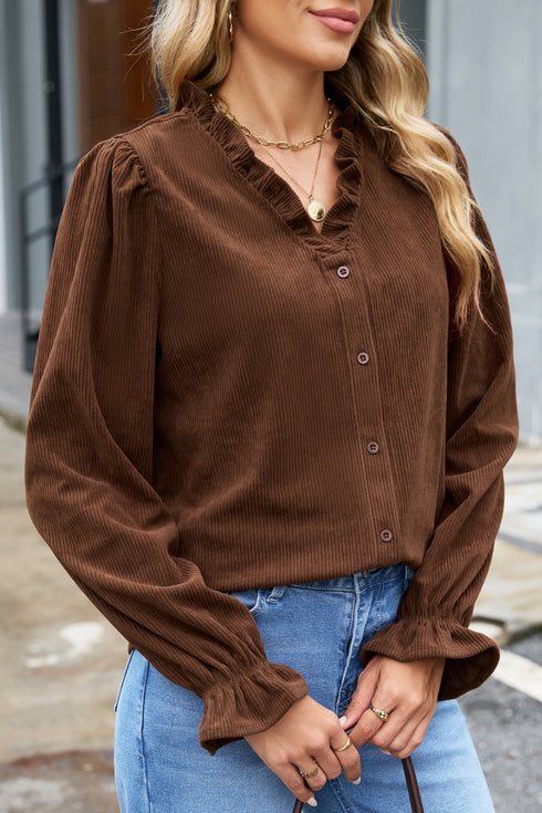 Ruffle Trim V Neck Corduroy Button Jacket