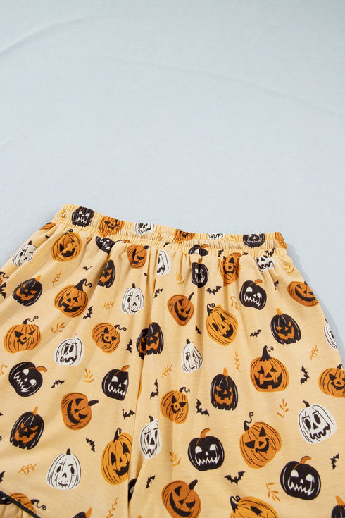 Pumpkin Face Print Ruffle Long Sleeve Two Piece Lounge Set