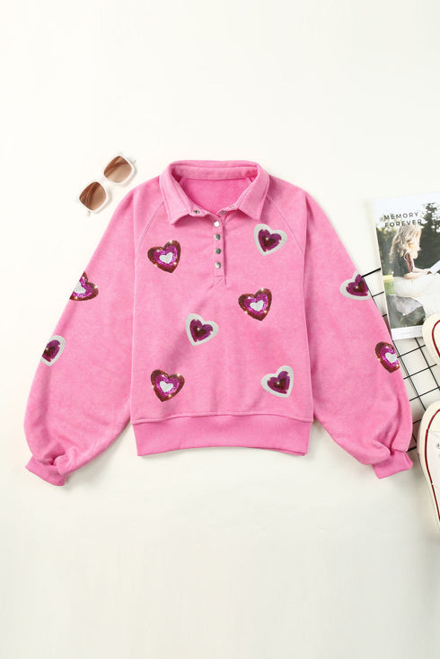Sequin Heart Applique Snap Button Collared Pullover Sweatshirt