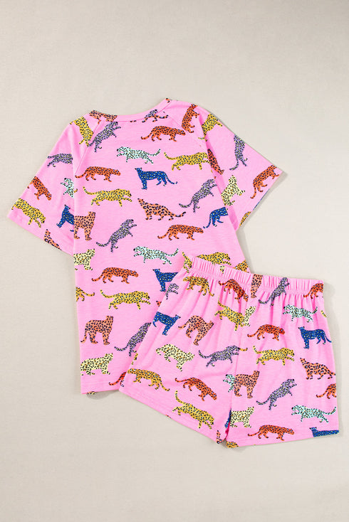 Floral Leopard Print High Waist Two Piece Short Sets