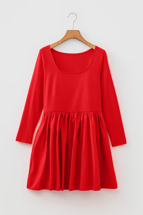U Neck Long Sleeve Fit And Flare Mini Dress