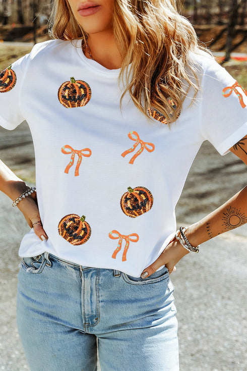 Sequin Embellished Pumpkin Face Bow Graphic Tee