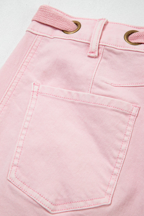 Cotton Denim Grommet Knot Waist Barrel Jeans