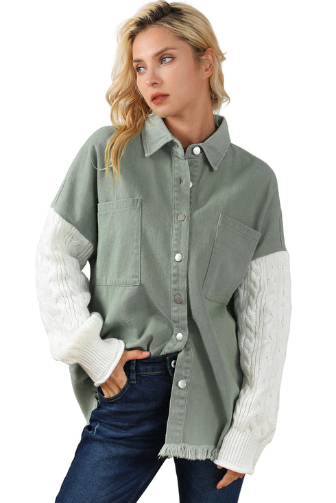 Cable Knit Sleeve Distressed Raw Hem Cotton Jacket