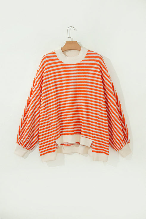 Striped Textured Mock Neck Oversized Long Sleeve Top