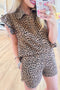 Fierce Fun Leopard Print Half Zip Collared Ruffle Sleeve Top And Shorts Set