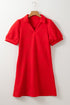 Fiery Red Textured Collared V Neck Puff Short Sleeve Shift Mini Dress