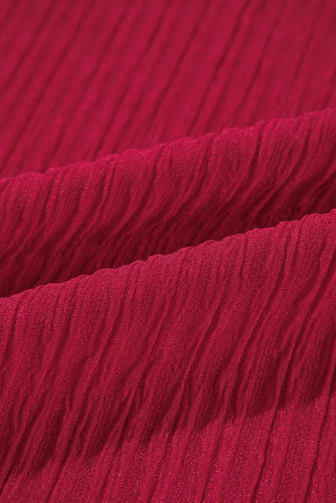 Fiery Red Textured Ruffled Trim V Neck Loose Fit Mini Dress