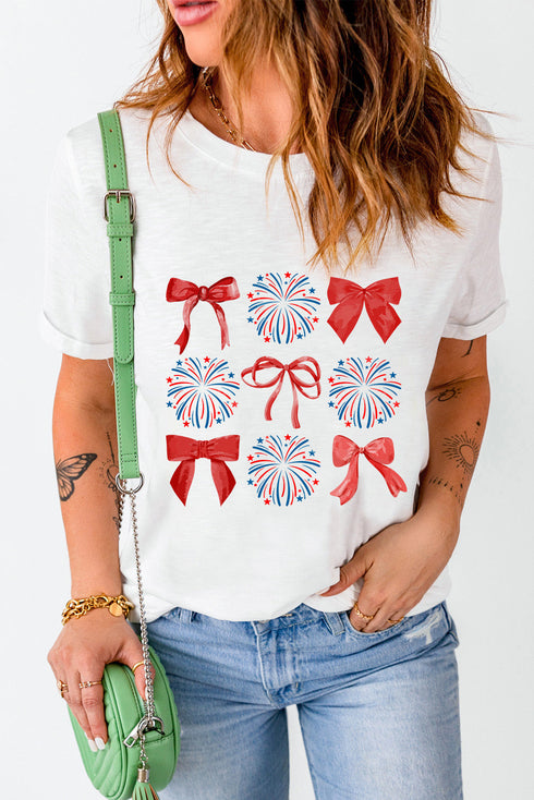 Firework Bow Graphic Rolled Sleeve Crew Neck Tee