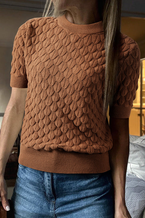 Fish Scale Texture Ribbed High Neck Short Sleeve Sweater