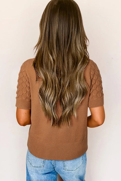 Fish Scale Texture Ribbed High Neck Short Sleeve Sweater