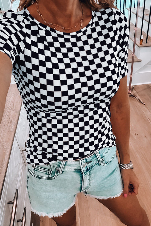Fitted Checkered Print Ribbed Knit Short Sleeve Shirt