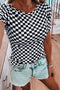Fitted Checkered Print Ribbed Knit Short Sleeve Shirt