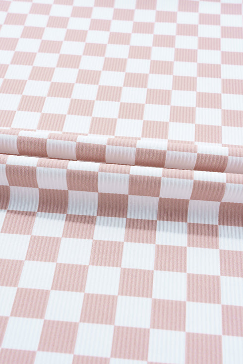 Fitted Checkered Print Ribbed Knit Short Sleeve Shirt