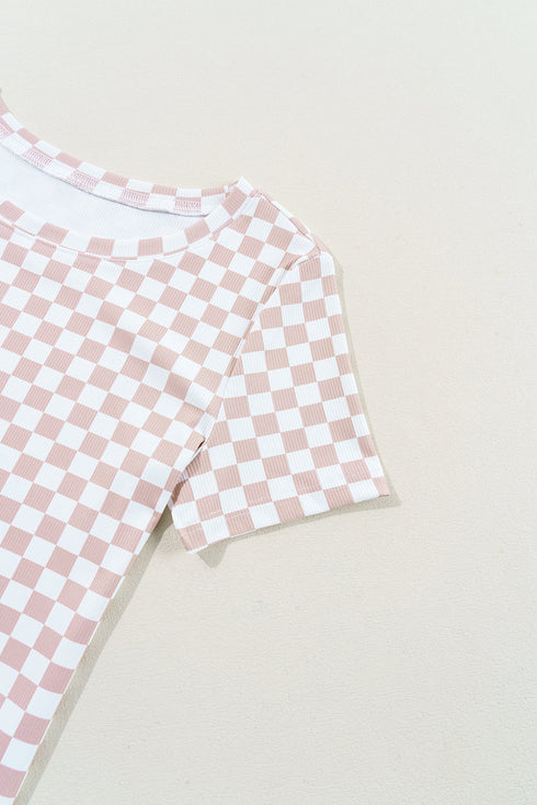Fitted Checkered Print Ribbed Knit Short Sleeve Shirt