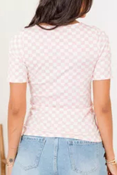 Fitted Checkered Print Ribbed Knit Short Sleeve Shirt
